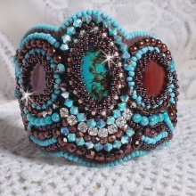 Turquoise Cuff bracelet Haute-Couture embroidered with mahogany mother-of-pearl disc, Swarovski crystals, faceted Bohemian glass and seed beads